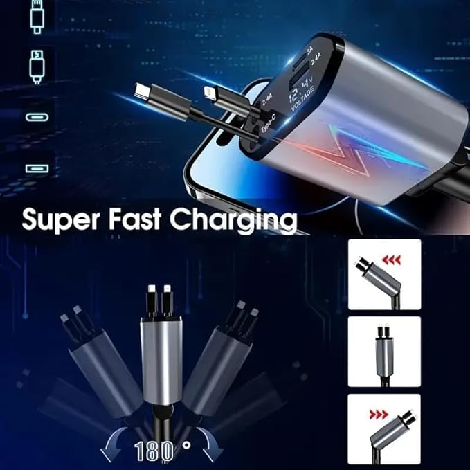 Retractable Car Charger |4 in 1 Super Fast Charge Car Phone Charger | 4 In 1 Retractable Car Charger | Car Charger | 120W Car Charger | 180° Adjustable Type C & iPhone Car Adapter