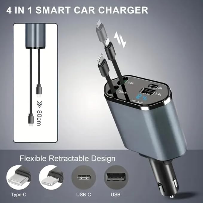 Retractable Car Charger | 4 in 1 Car Charger | 4 in 1 Super Fast Charge Car Phone Charger | 4 In 1 Retractable Car Charger | Car Charger | 120W Car Charger | 180° Adjustable Type C & iPhone Car Adapter