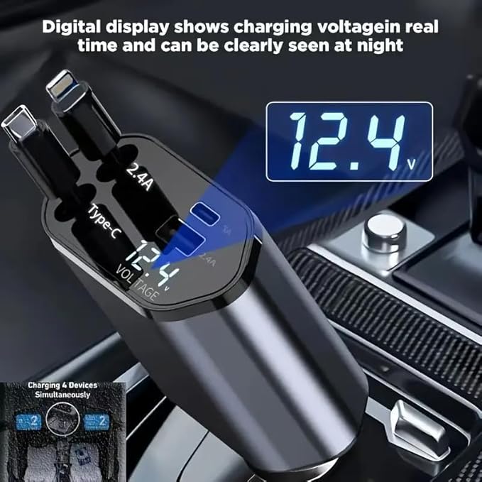 Retractable Car Charger | 4 in 1 Car Charger | 4 in 1 Super Fast Charge Car Phone Charger | 4 In 1 Retractable Car Charger | Car Charger | 120W Car Charger | 180° Adjustable Type C & iPhone Car Adapter