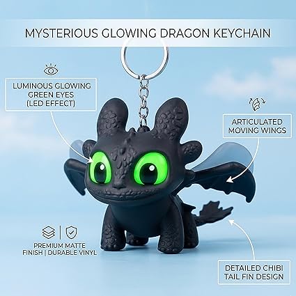 Dragon Keychain Toy with LED Light & Moving Wings, Night Fury Glowing Dragon Keychain | Mini Fantasy Figure Creature Charm for Car Dashboard, Bike Keys, Backpack Bag Accessory & Kids Gift
